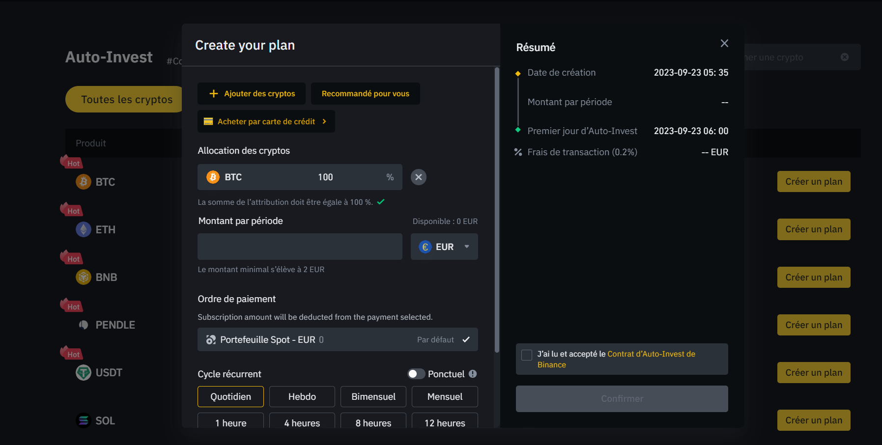 Configurer un plan d'achat récurrent sur Binance